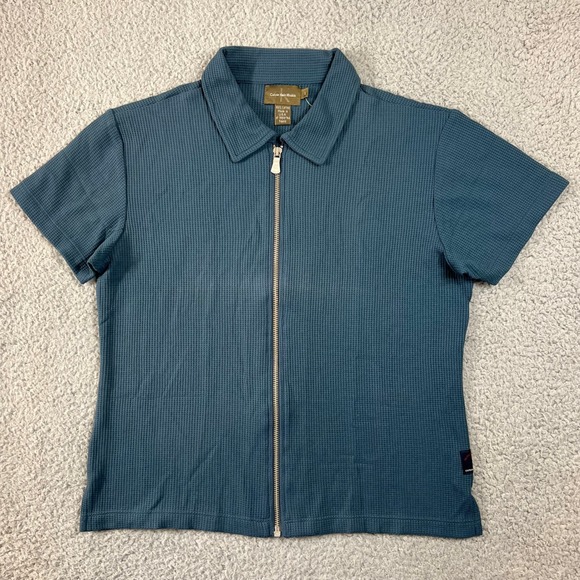 Calvin Klein Sweaters - Calvin Klein Zip Cardigan Juniors L Bluestone Teal Waffle Knit Short Sleeve VTG
